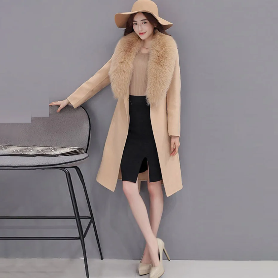Women Wool Blends Coats Fur Collar Winter Fashion Belt Overcoat Office Ladies Elegant Luxury Gray Camel Coat Outwear Women Wool Blends Coats Fur Collar Winter Fashion Belt Overcoat Office Ladies Elegant Luxury Gray Camel Coat Outwear