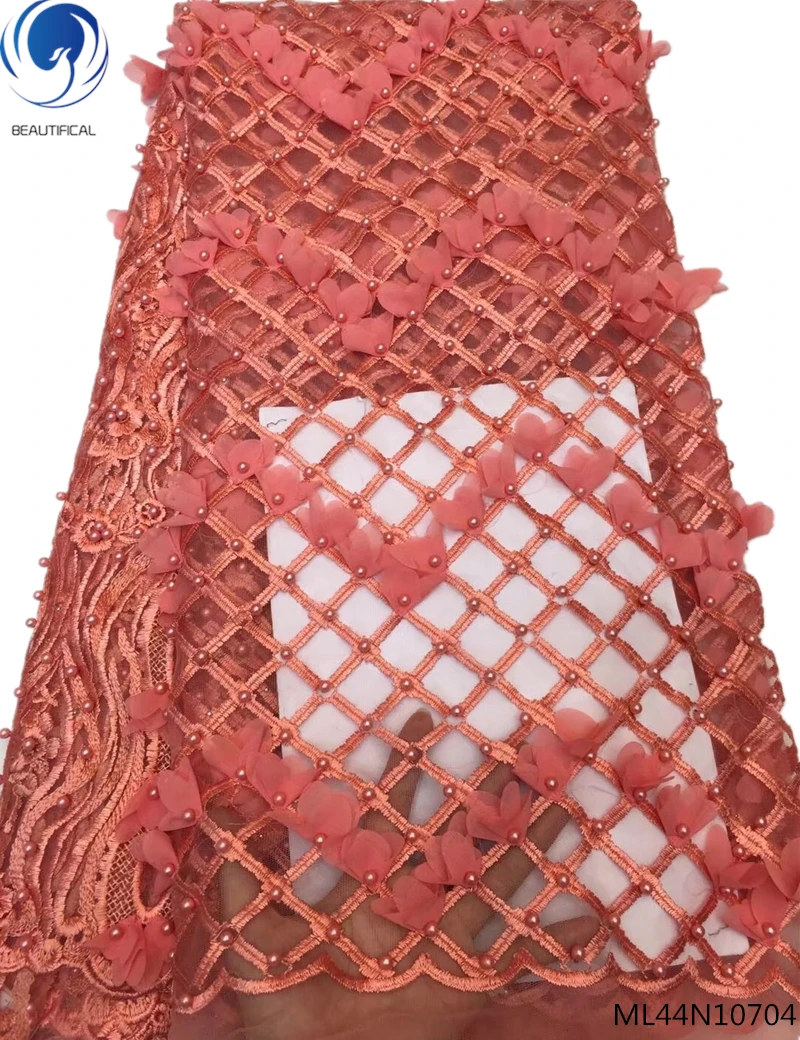 

Beautifical peach 3d lace applique flower embroidery bridal wedding dress mesh beaded lace fabric 5 yards cheap fabrics ML44N107