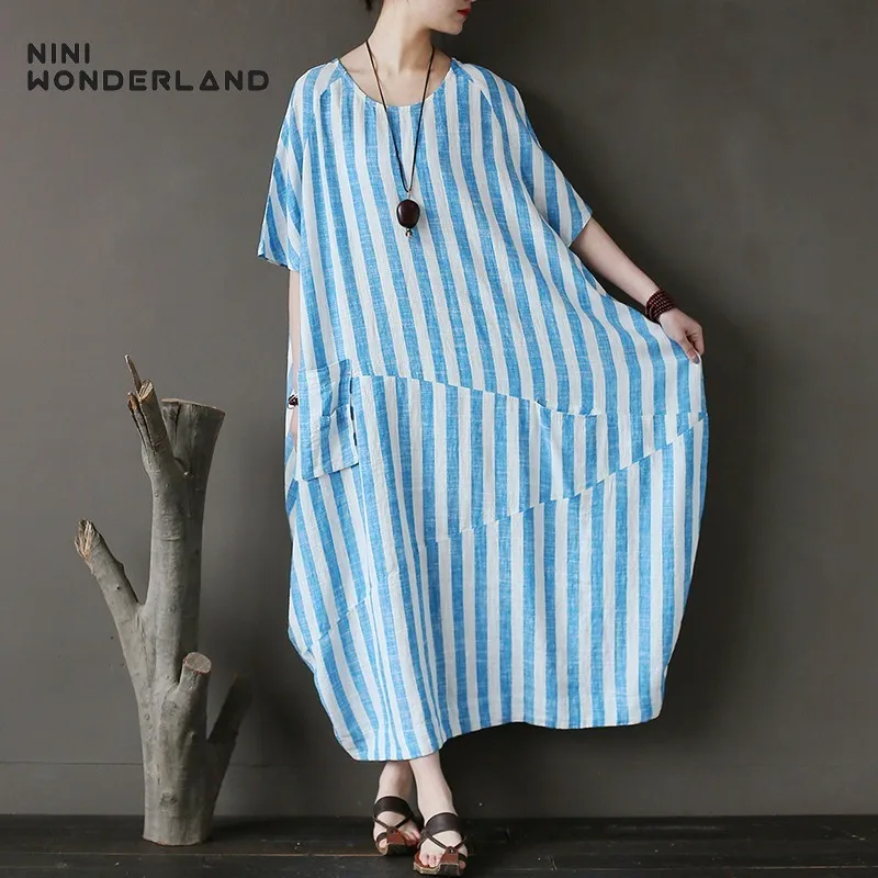 

NINI WONDERLAND Summer Dress 2019 Striped Cotton Linen Robe Femme Women Dress Of Large Size Short Sleeve Vintage Long Plus Size