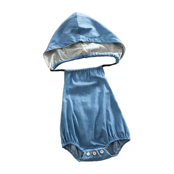 

Oklady Baby Little Girls Boys Denim Romper Sleeveless Backless Hooded Jumpsuit Kid Girl Blue Rompers Hooded