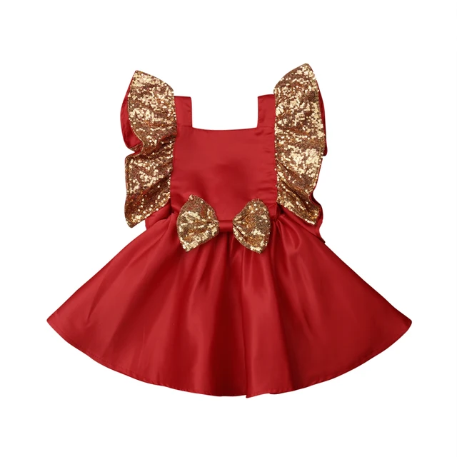 Festival Kid Baby Girl Christmas Red Sequin Dress Princess Sequin Bow A