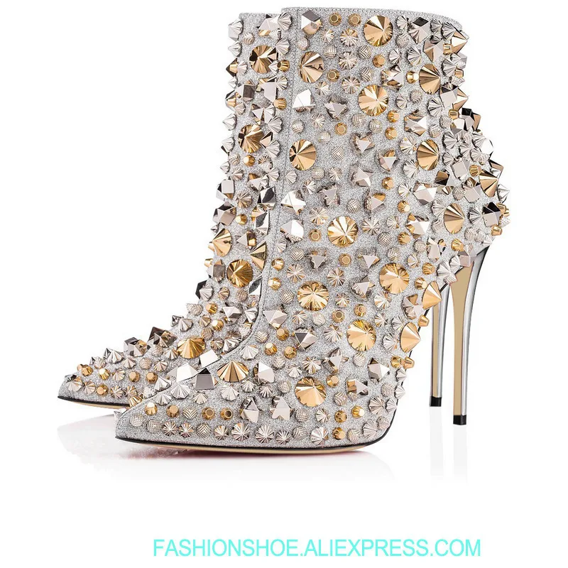 

real photos woman pointed toe rhinestones high heel ankle boots black silver gold spike rhinestones high heel short booto woman