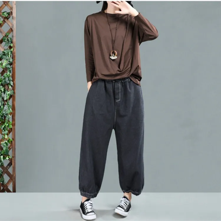 Модные сезон: весна–лето Ретро свободные длинные брюки Для женщин кнопка карманы отбеленная джинсовая ткань брюки