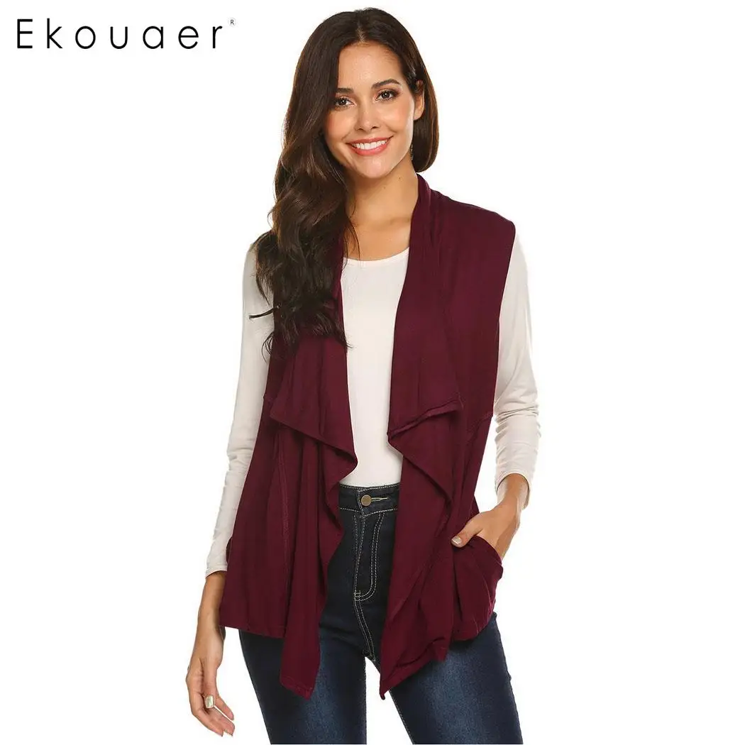 Ekouaer Women Cardigan Vest Casual Solid Sleeveless Asymmetric Hem Open Turn Down Front Cardigan