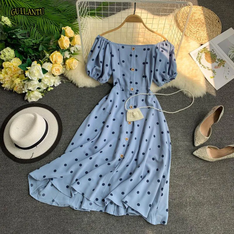 

Summer Boho Short Dress Women Puff Sleeve Slash Neck Polka Dot Dress Casual Bohemian Sexy Beach Dresses Vestidos On Vacation