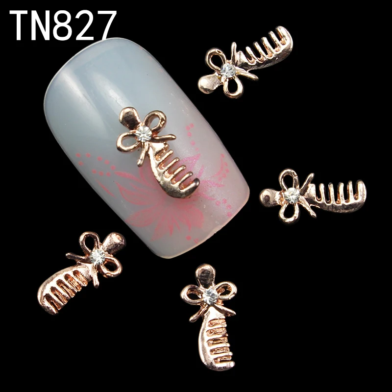 

Blueness 10Pcs 3D Comb Alloy Nail Art Decoration Charms Glitter Nails Rhinestones Gold Metal Bow Studs Nail Jewelry Supplies