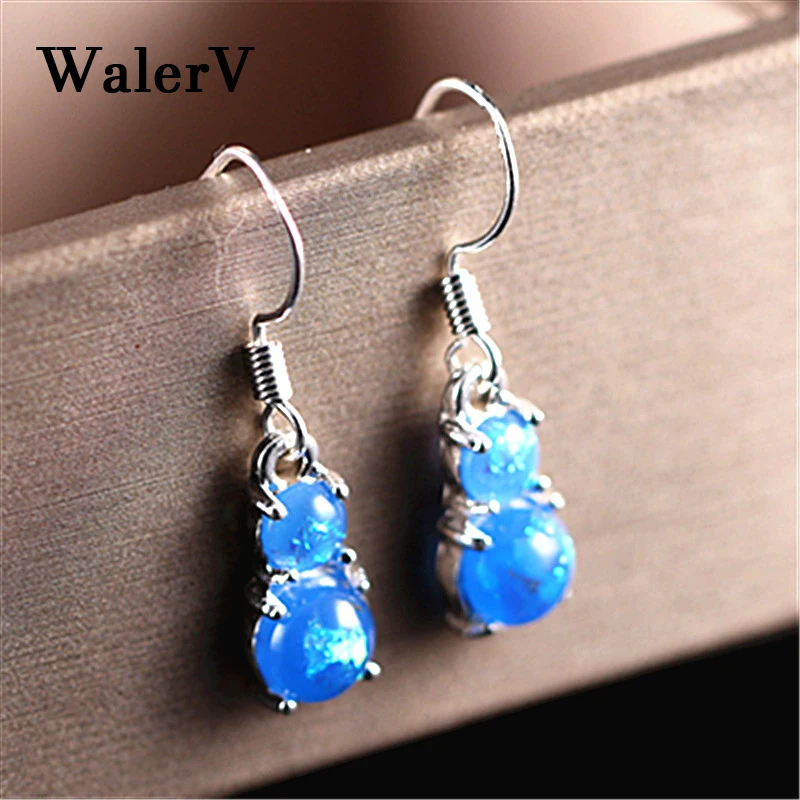 

WalerV New Retro Classics Gourd Shape Imitation Blue Fire Opal Earrings Charm for Women Silver Color Girl Jewelry Gift