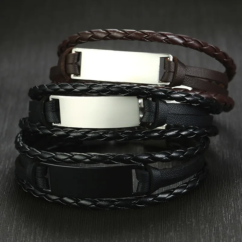 Vnox Free ID Tag Triple Layers Leather Bracelets for Men Stainless Steel Bar Engrave Name Inspiration Pulseira