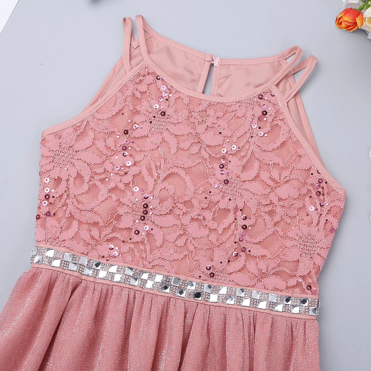 Girls Dress Teen Girls Sleeveless Sequined Floral Lace Shiny Dress Vestido de festa Wedding Formal Birthday Party Summer
