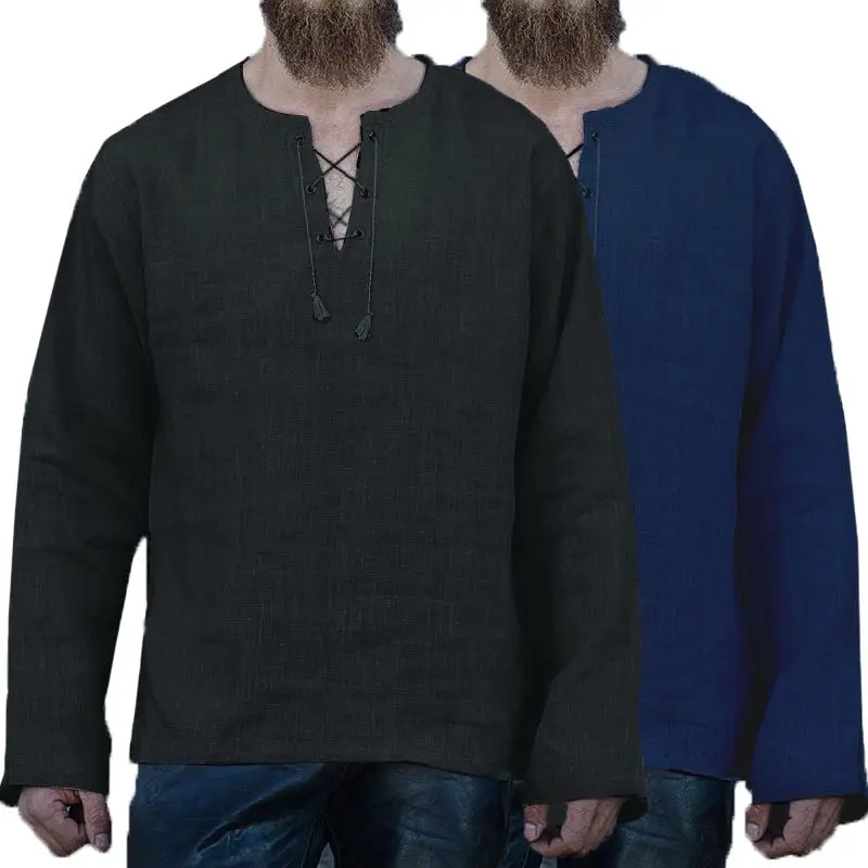 

Men T Shirt Bandage Lace Up Long Sleeve Tee Shirt Vintage Solid Loose T-shirt Men Camisetas Medieval Peasant Pirate Men Clothing
