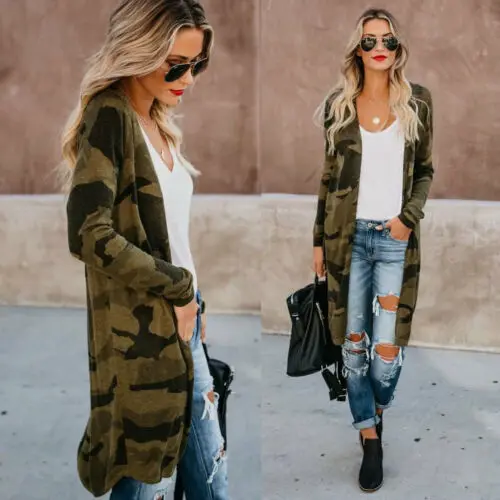 Womens Leopard Kimono Cardigan Open Front Boho Camo Long Sleeve Long Maxi Jacket