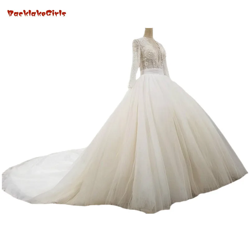 

New High-end Wedding Dress Luxury Long Sleeved Deep V-neck Lace Beading Wedding Party Dresses Custom Made 2018 Wedding Dresses