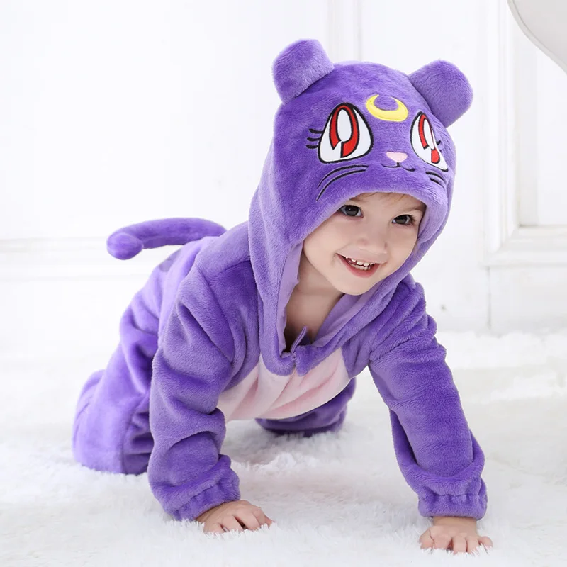 Online Primavera otoño bebé cremallera mono Sailor Moon Cat bordado con capucha de lana de una pieza mono recién nacido Niño niña ropa 1 24M