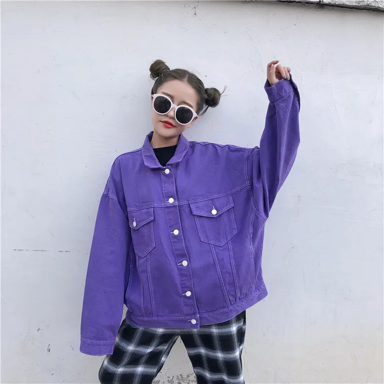 lower price Streetwear Oversize Denim Jacket For Women Casual Candy Color Purple Bomber Jeans Coat BF Style Loo