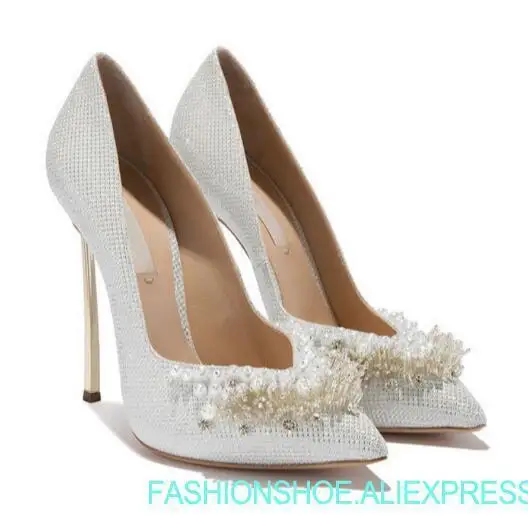 

New gold hand-woven pearl diamond pointed toe high heel sequined pearls beading wedding shoes large size custom gold silver