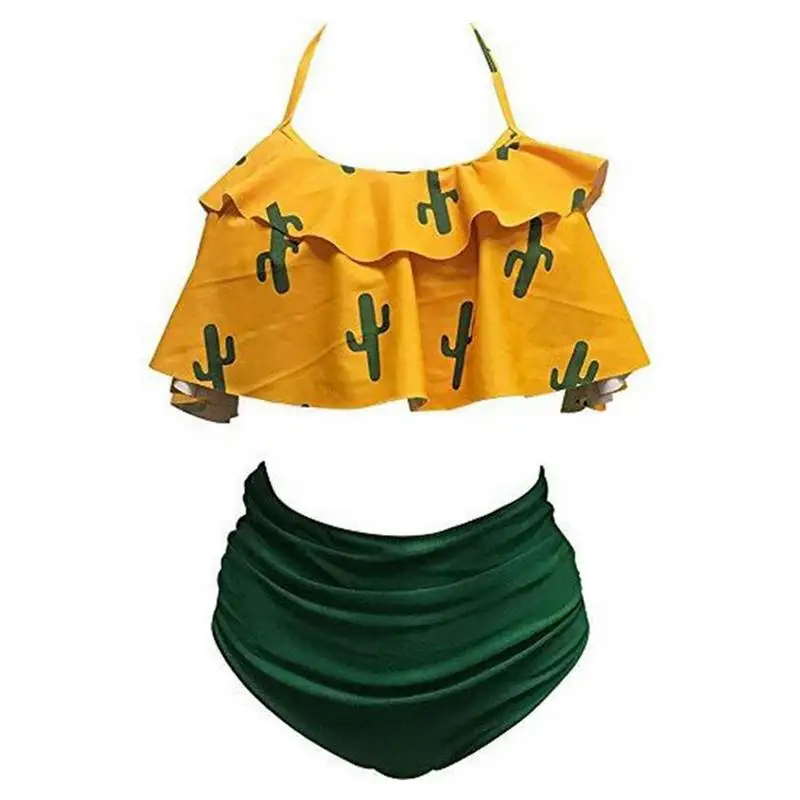 

2019 NEW Sexy Double Layer Ruffled High Waist Swimsuit Floral Print Retro Bikini Swimsuit Bikini Swimwear Green Cactus Swimsuit