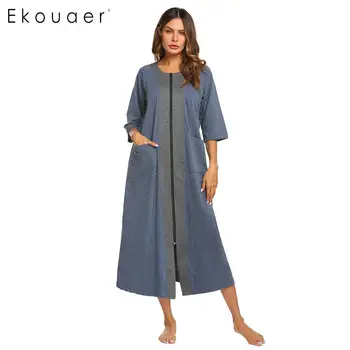 

Ekouaer Long Nightgown Women Autumn Winter Sleepwear Nightdress Nightwear Three Quarters Sleeve Round Neck Pocket Night Dress