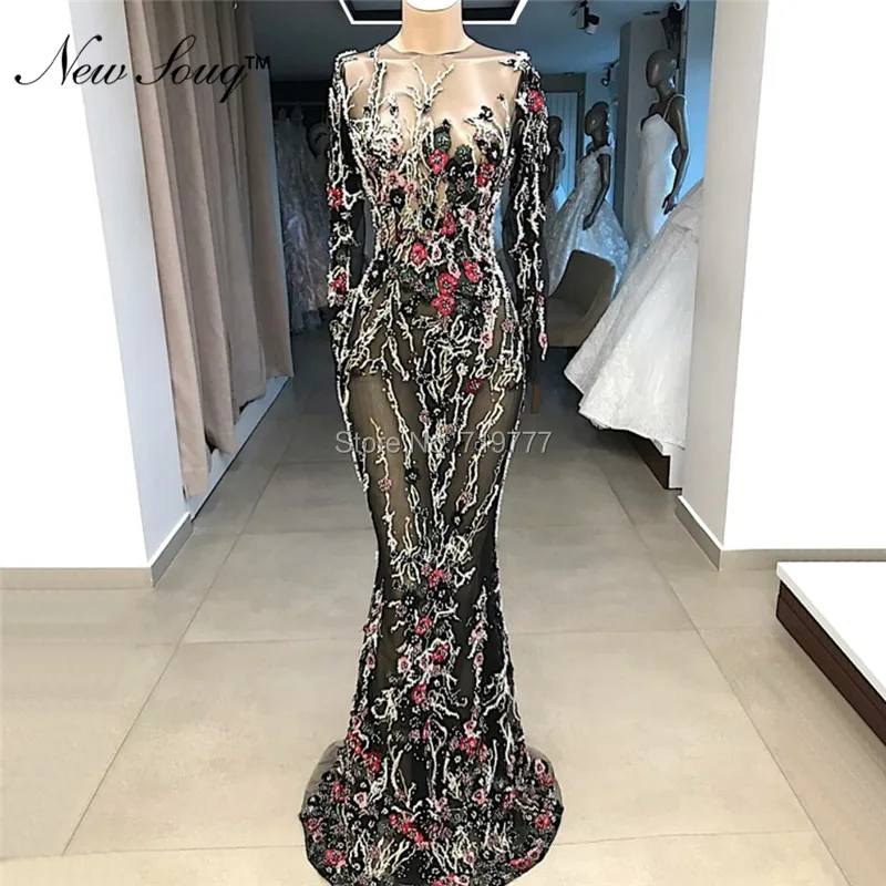 

Illusion Black Evening Dresses Couture Flower Saudi Arabia Party Dress 2019 Newest Kaftan Robe De Soiree Celebrity Prom Dresses