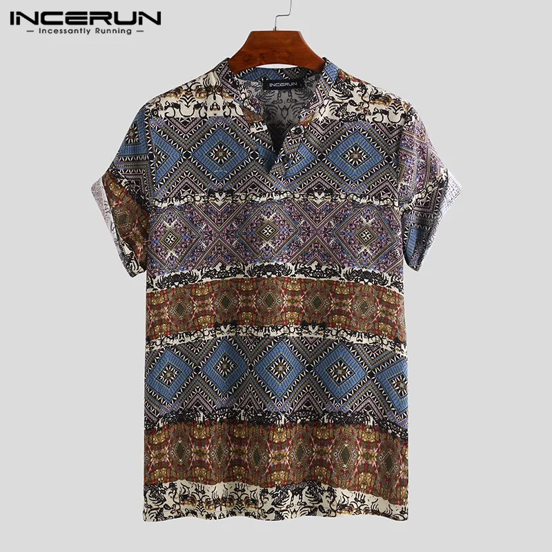 INCERUN 2019 العرقية طباعة الرجال تي شيرت الخامس الرقبة قصيرة الأكمام اللياقة البدنية العلامة التجارية المحملة قميص القطن عارضة الرجال هاواي تي ش...