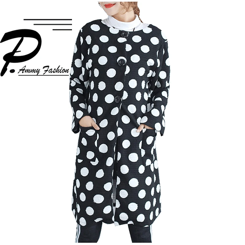 Women's Plus Size Polka Dot Long sleeve Mid Long Trench Coat 2017