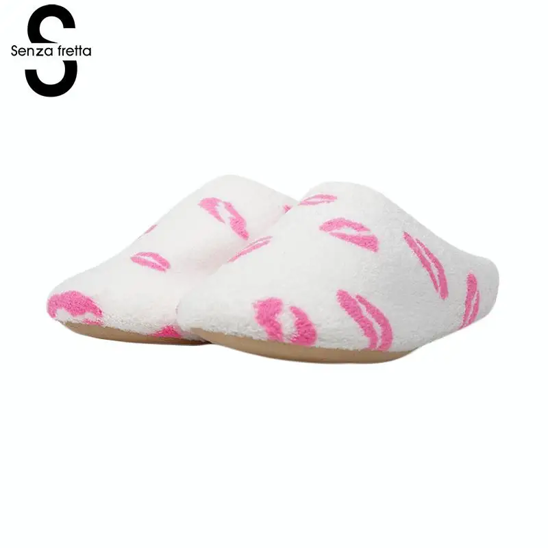 

Senza Fretta Women Shoes Cute Lip Print Deer Pattern Slippers Women Indoor Soft Warm Funny Slippers Home Women Slippers Big Size