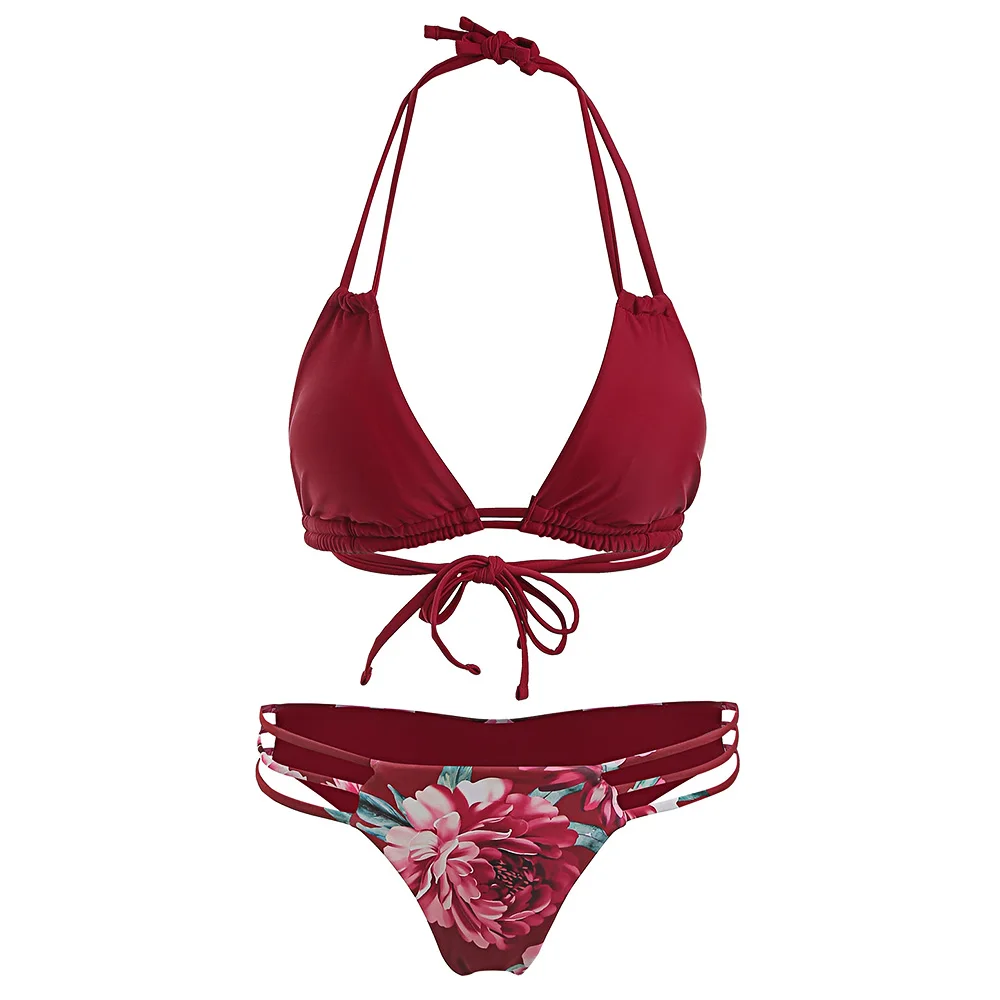 Strappy Cut Out Floral Print Bikini Set Padded Swimwear Swimsuit Sexy