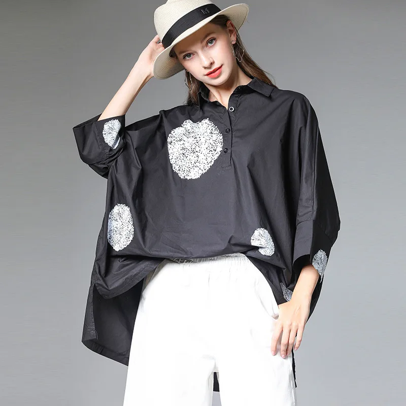  LANMREM 2020 Summer Clothes For Women New Loose Fashion Pure Cotton Printing Bat Sleeve Shirt Casua