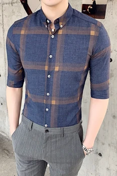 

2019 new plaid shirt men's sleeves spring and summer Korean casual men's shirt business free hot five-point sleeve shirt