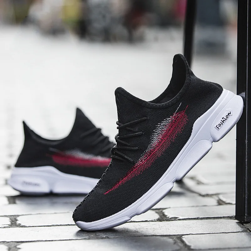 Men Casual Shoes Men Mesh Light feather embroidery black Sneakers Breathable Elastic band Walking shoes Zapatillas de deporte