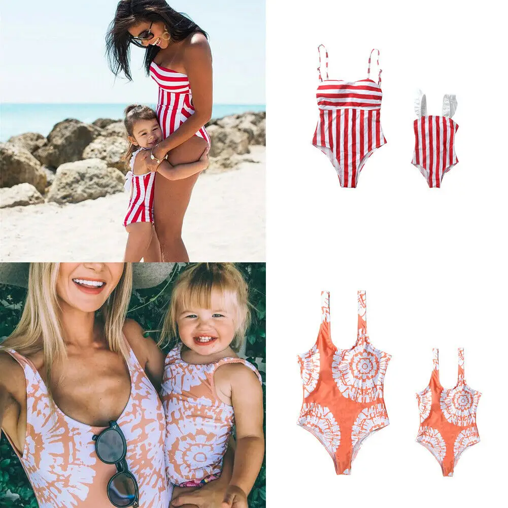

2019 Family Matching Striped Print Clothes Swimsuit Mother Daughter Baby Swimwear Bikini Sets Bathing Beach Summer Holiday 1Pcs