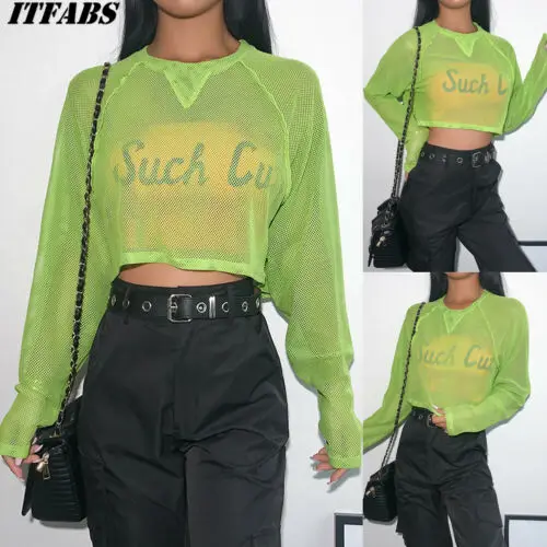 

2019 Women Long Sleeve Basic Crop Top Round Neck Loose Mesh See Through T Shirt Club Wear