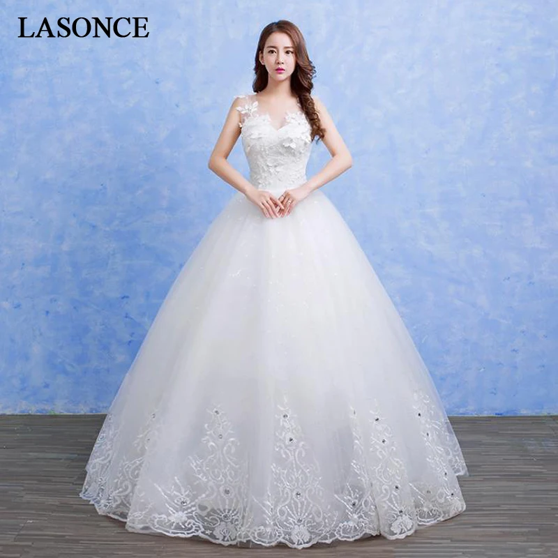 

LASONCE Illusion Crystal Flowers O Neck Lace Appliques Ball Gown Wedding Dresses Sequined Tank Backless Bridal Gowns