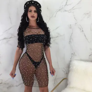 

Hot Selling Women Summer Sequins Crochet Bikini Cover Up Swimwear Bathing Suit Pearl Beading Cover Up Mesh Tops Beach Dresses
