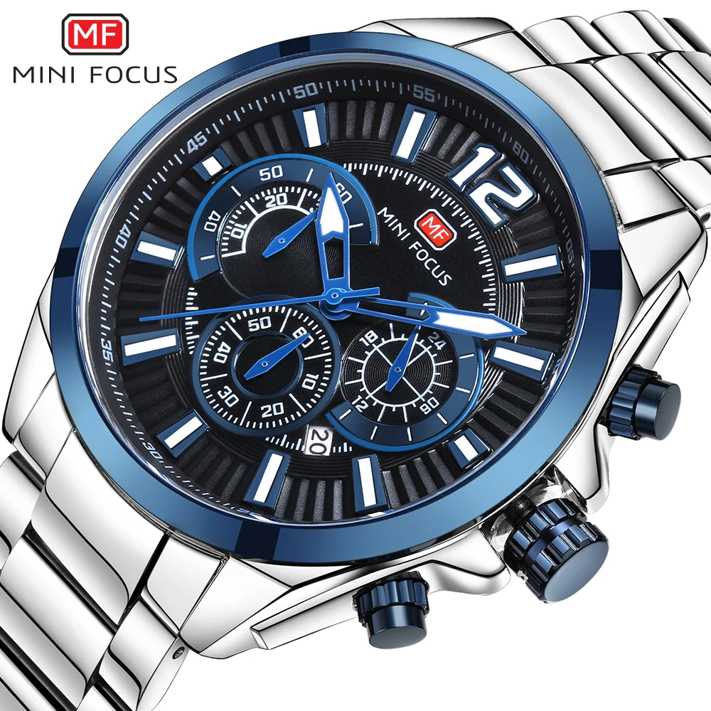 

MINI FOCUS Fashiom Military Blue Watch Men Quartz Clock 3 Sub-dial 6 Hands Calendar Top Brand Luxury Multifunction Wristwatch