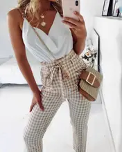 Summer Women Pants 2019 New Women Casual Plaid Harem Pants Lace Up High Waist Slim Plaid Pants Size S-XL frilled tie waist plaid pants