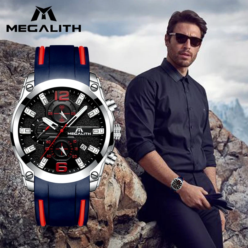 MEGALITH Men Sports Watches Waterproof Luminous Hands Chronograph Analog Quartz Watches Silicone Rubber Strap Relogio Masculino
