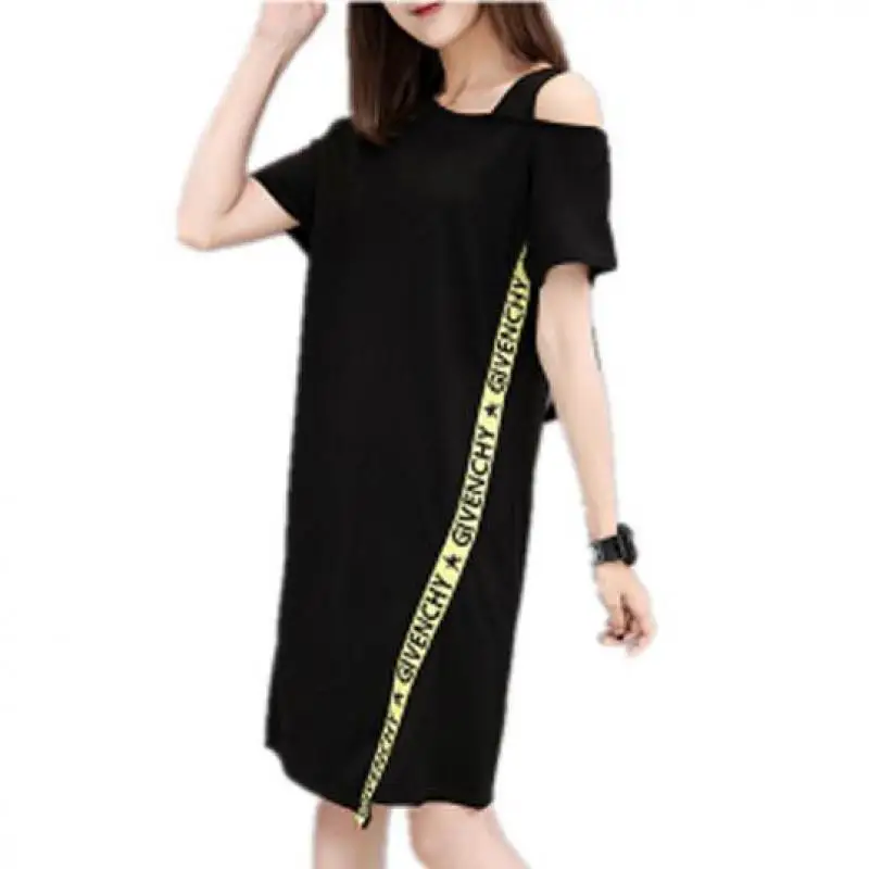 

Summer New Korean Professional Women's Dresses Ladies Leaking Shoulder Dress Loose Long Section Irregular Short-sleeved Dress