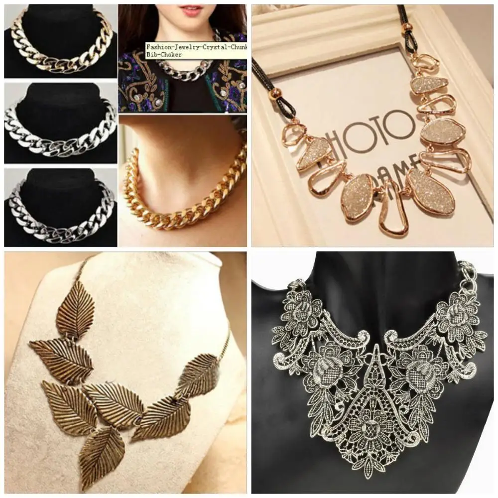 Fashion Crystal Chunky Statement Bib Tassels Leaf Pendant Chain Choker Necklace 