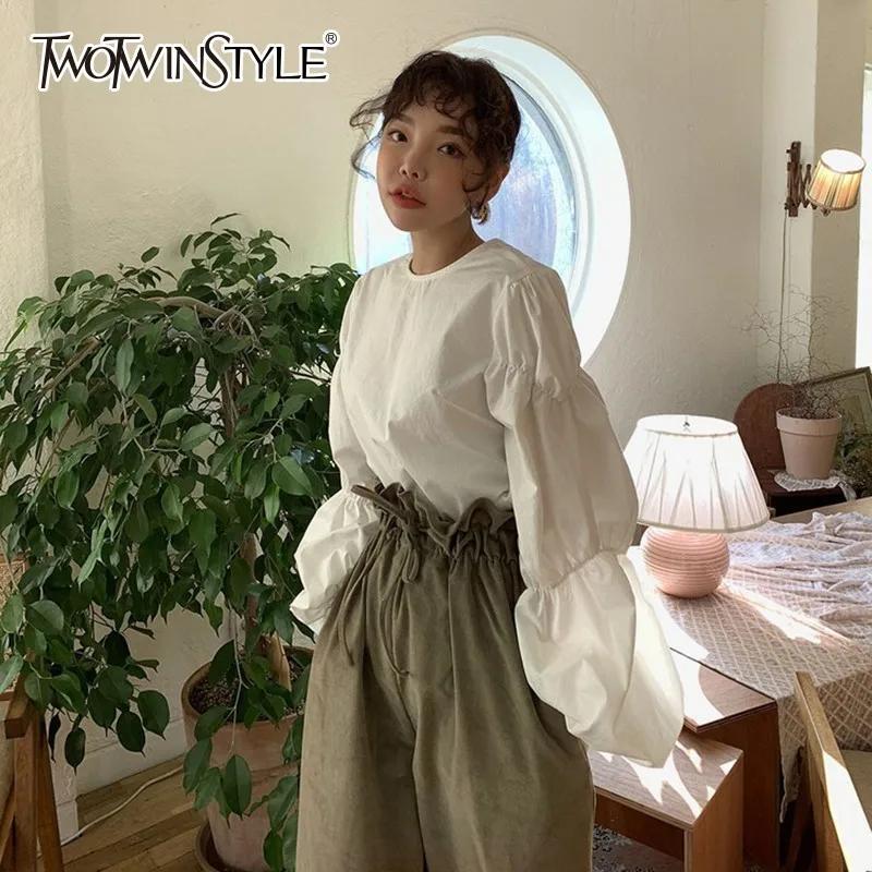 TWOTWINSTYLE корейские рубашки блузка для женщин с круглым вырезом пышным длинным