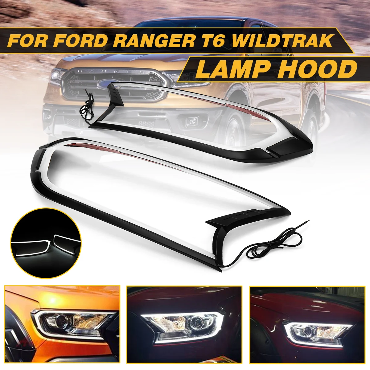 

2pcs Matte Black LED Head Light Front Shell Cover Trim For FORD RANGER T6 WILDTRAK 15-17 ABS Lamp Hoods