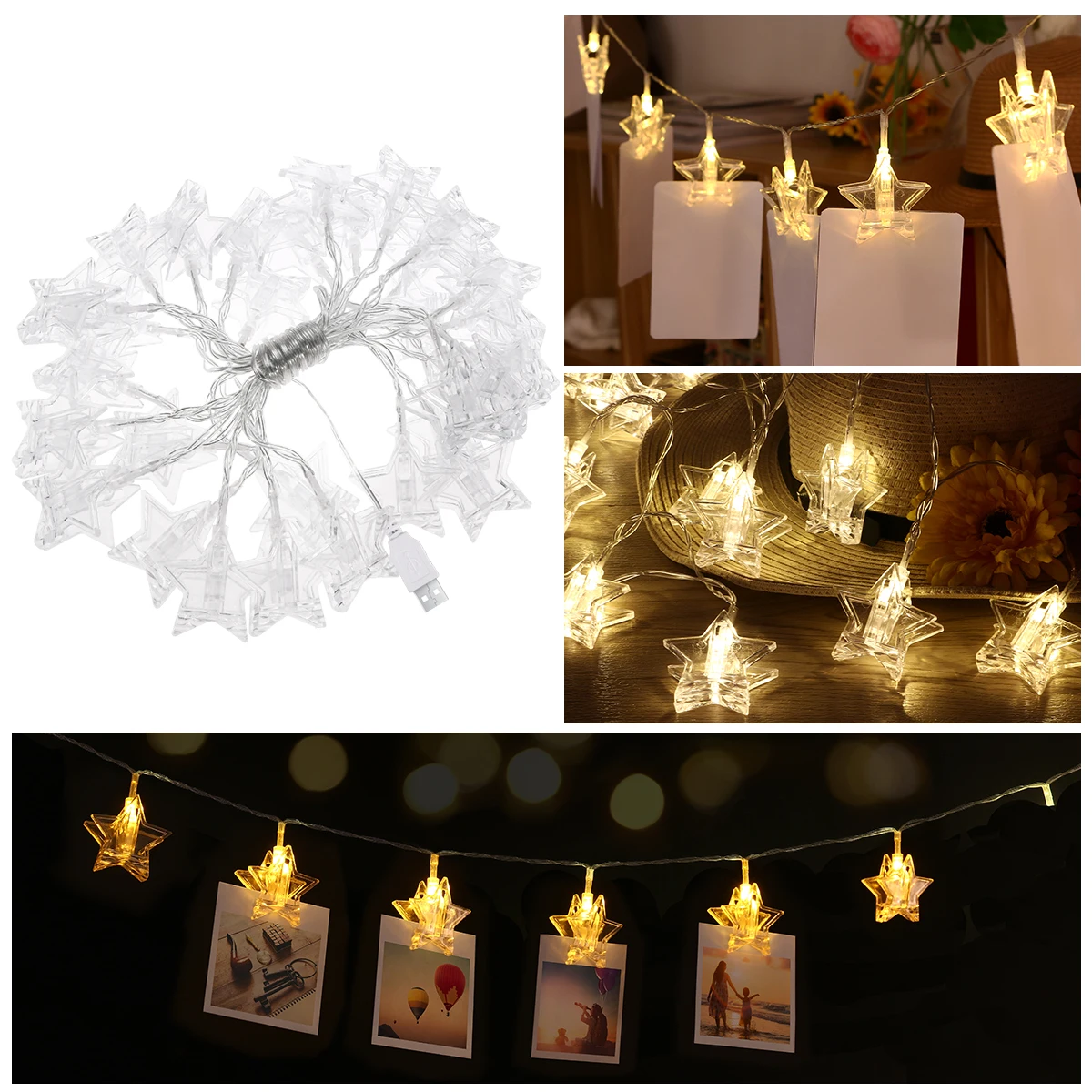 

5.5M 30 LED Stars Photo Clips String Lights USB Perfect for Hanging Pictures Notes Artwork Room Decoration Christmas Party Gift