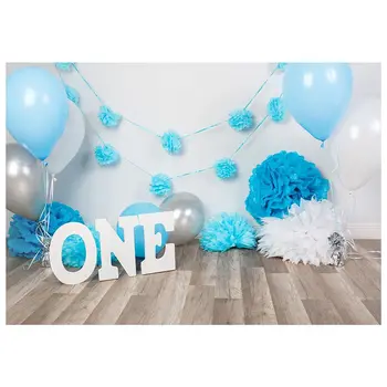 

JABS 7x5ft Photography Backdrops baby boys 1st Birthday Blue balloons flowers party banner studio booth background photocall
