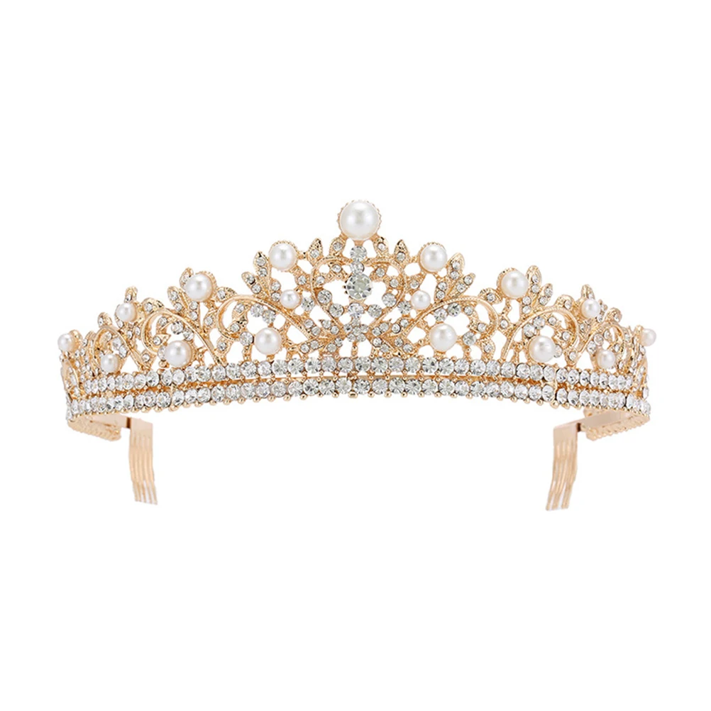 Стразы свадебная корона тиара Принцесса Корона Головные уборы с жемчугом Ювелирные изделия Свадебные аксессуары для волос(Золотой