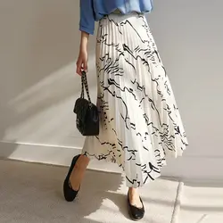 Модная черная линия с принтом длинная юбка макси Женская 2019 летняя эластичная высокая талия плиссированная элегантная шифоновая юбка