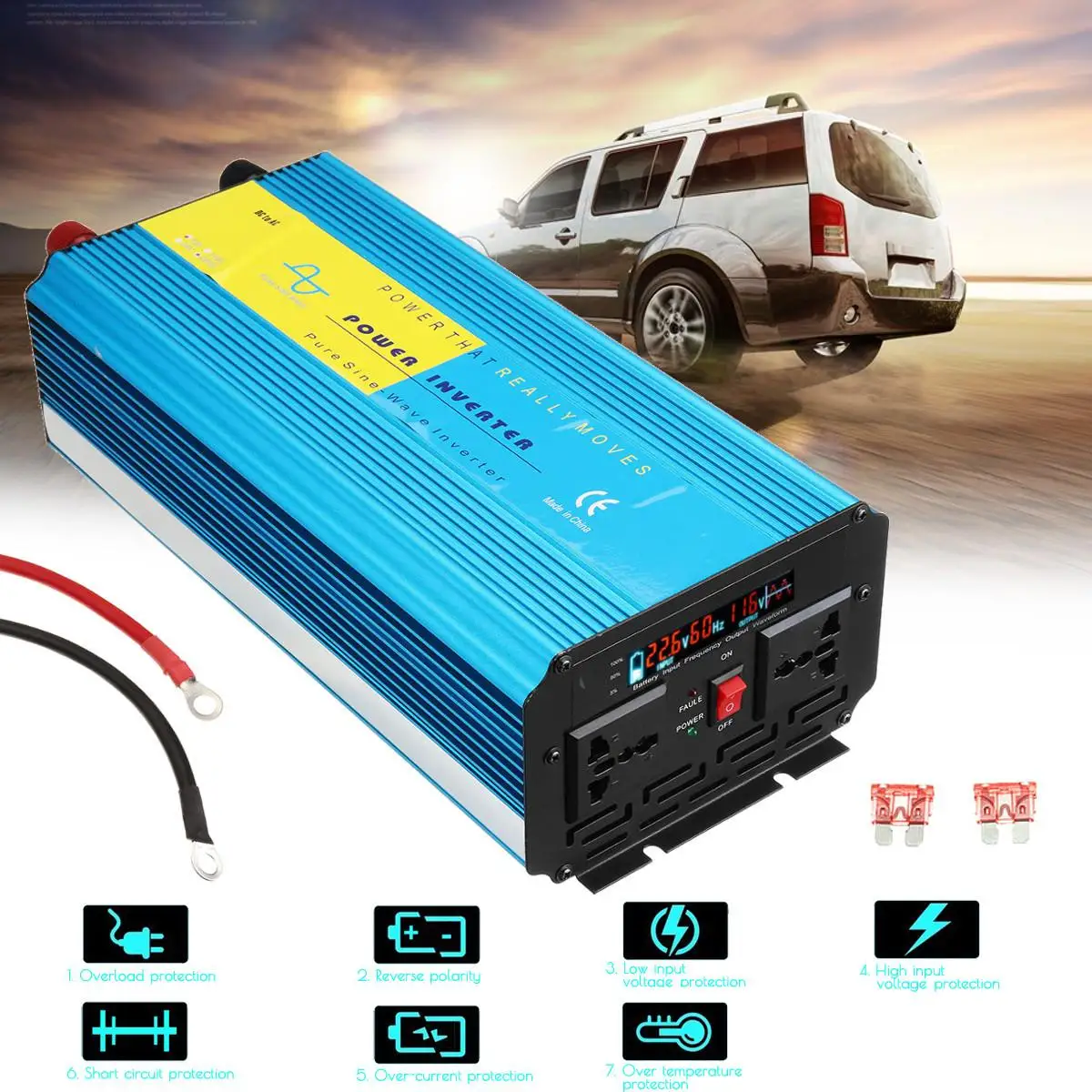 

Smuxi 2500W Pure Sine Wave Inverter 12V/24V to 110V/220V LCD Solar Power Converter Blue for car truck