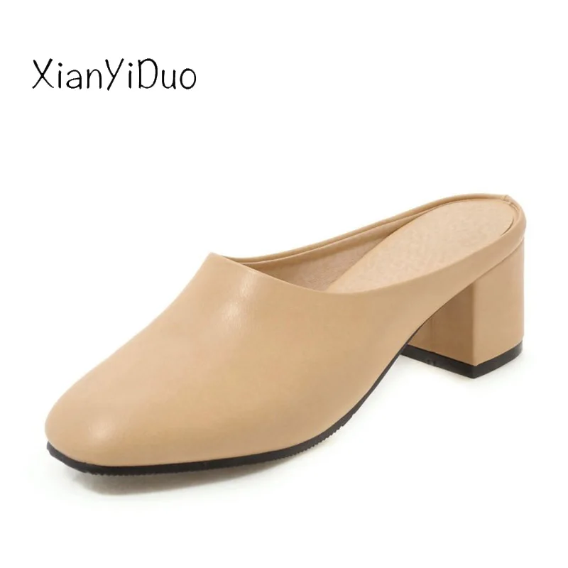 

XianYiDuo 2019 new Summer Women's Shoes Slippers Middle heel plus size 40-48 Closed toe Beige White outside slides / 756-10