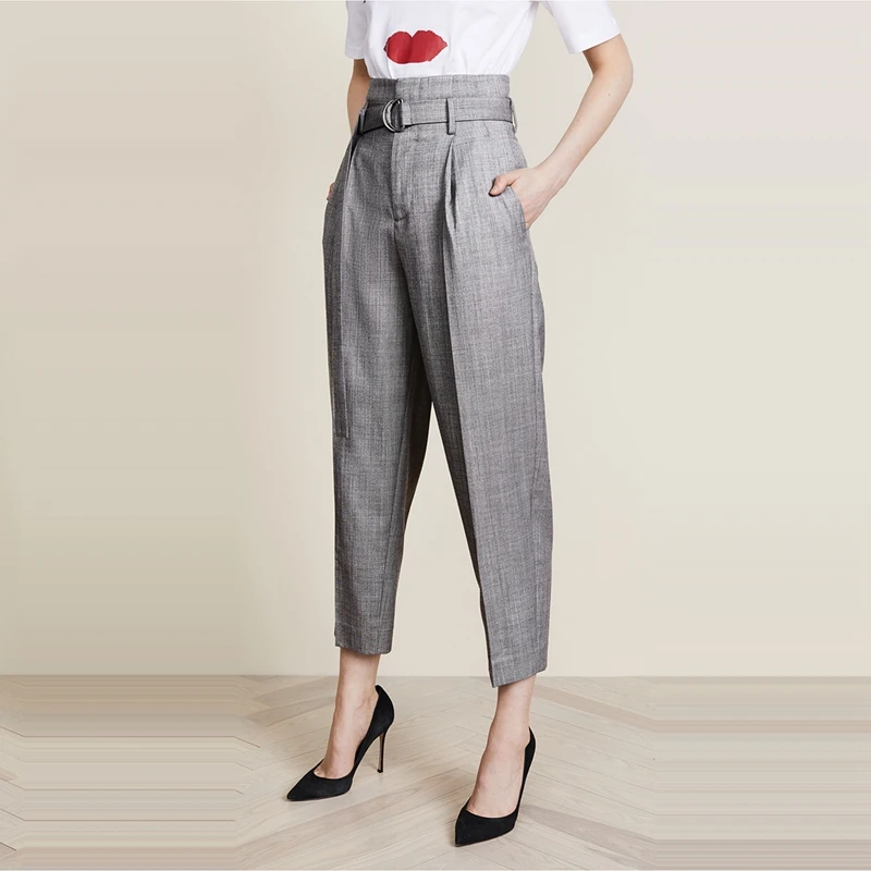 HDY Haoduoyi 2019 New Women Autumn Simple Gray High Waist Show Leg Long Metal Ring Bandage Show Thin Nine Minute Pants HDY Haoduoyi 2019 New Women Autumn Simple Gray High Waist Show Leg Long Metal Ring Bandage Show Thin Nine Minute Pants