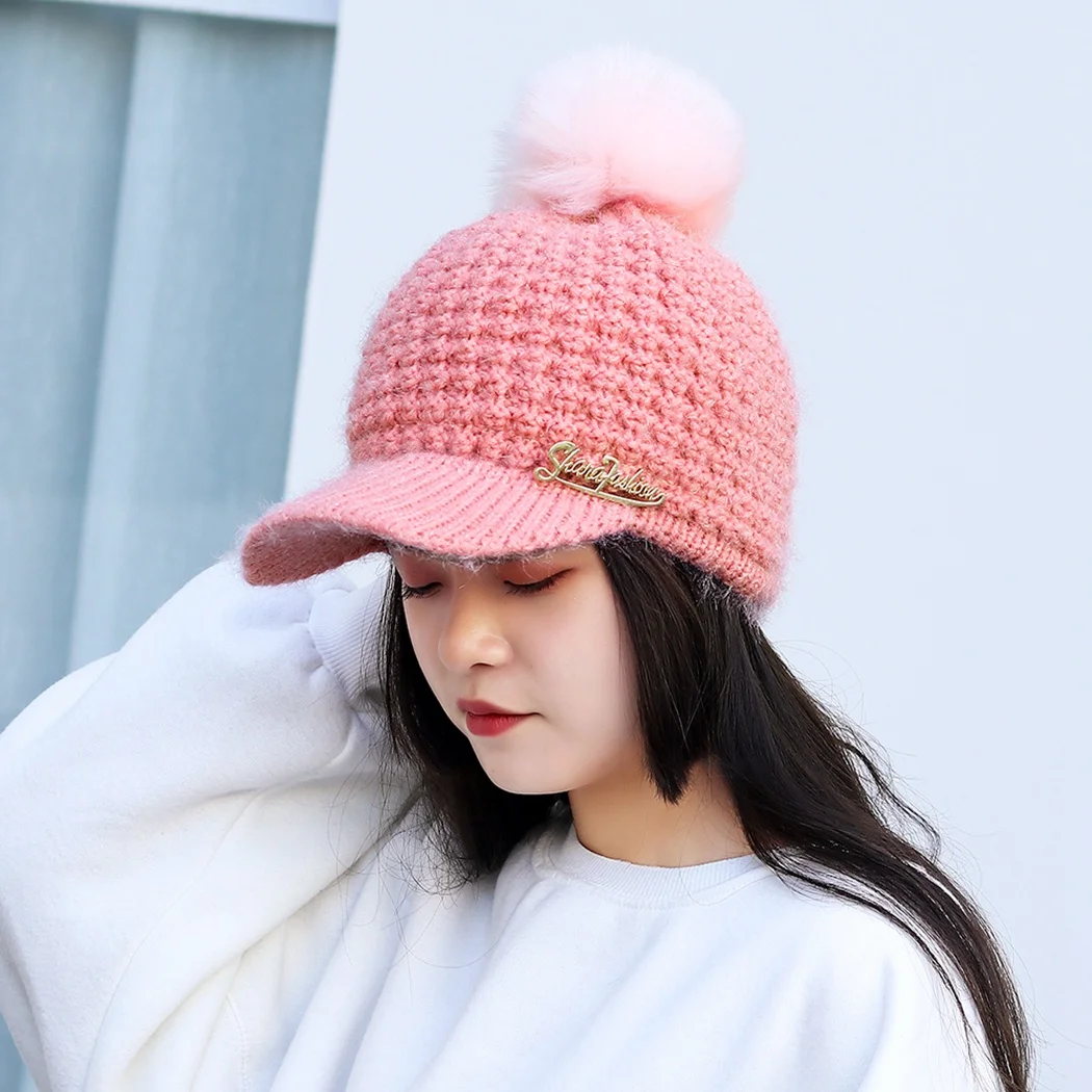 Women Knitted Baseball Caps Winter Outdoor Snapback Hat Fleece Warm Pom Pom Hats Fashion