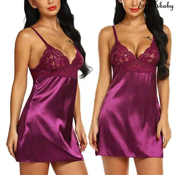 

Women Satin Lace Strappy Floral Pattern Hollow Out Sleepwear Milky Smooth Nightdress Lingerie Night Robe Dresses Clothes