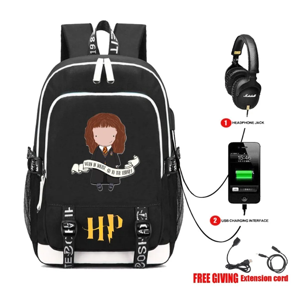 

USB Charge Headphone Jack women men shoulder travel bag Teenage Backpacks Laptop bag for movie Harri Potter Backpack 30 style